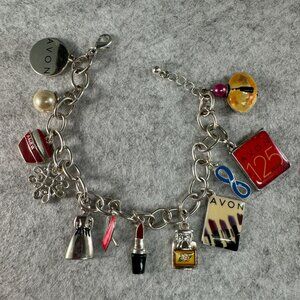 Avon Silver Charm Bracelet With Makeup & Perfume Charms 125th anniversary 2011